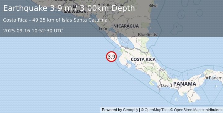 Earthquake OFF COAST OF COSTA RICA (3.9 m) (2025-09-16 10:52:30 UTC)