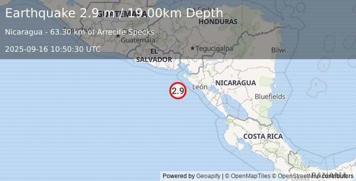 Earthquake NEAR COAST OF NICARAGUA (2.9 m) (2025-09-16 10:50:30 UTC)