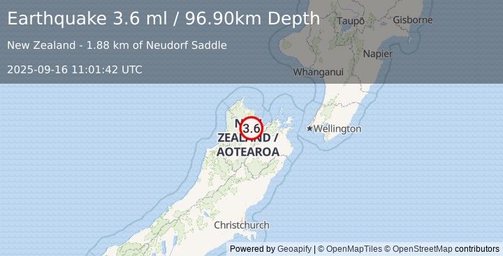 Earthquake SOUTH ISLAND OF NEW ZEALAND (3.6 ml) (2025-09-16 11:01:42 UTC)