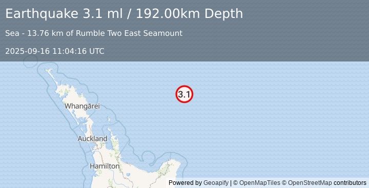 Earthquake OFF E. COAST OF N. ISLAND, N.Z. (3.1 ml) (2025-09-16 11:04:16 UTC)