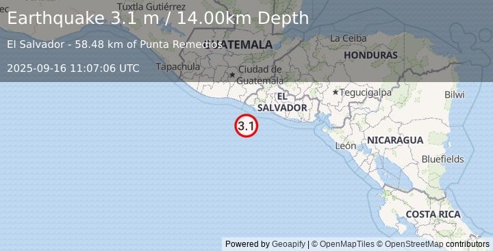 Earthquake OFFSHORE EL SALVADOR (3.1 m) (2025-09-16 11:07:06 UTC)