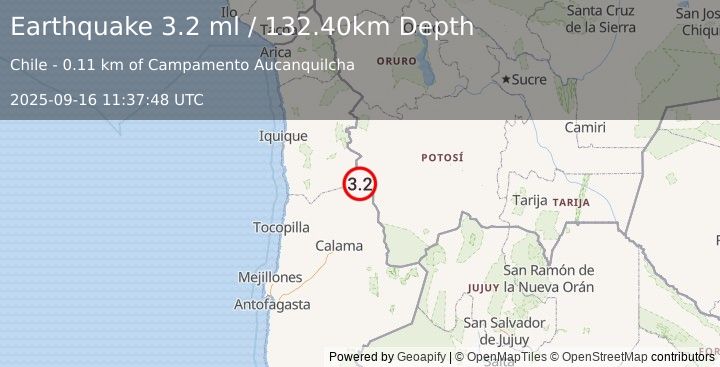 Earthquake ANTOFAGASTA, CHILE (3.2 ml) (2025-09-16 11:37:48 UTC)