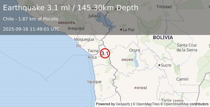Earthquake TARAPACA, CHILE (3.1 ml) (2025-09-16 11:49:01 UTC)