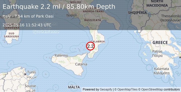 Earthquake SICILY, ITALY (2.2 ml) (2025-09-16 11:52:43 UTC)