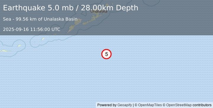 Earthquake SOUTH OF ALEUTIAN ISLANDS (5.0 mb) (2025-09-16 11:55:57 UTC)