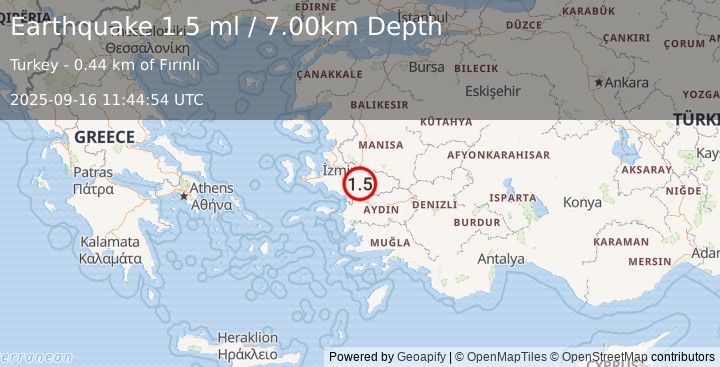 Earthquake WESTERN TURKEY (1.5 ml) (2025-09-16 11:44:54 UTC)