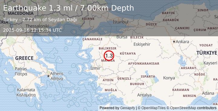 Earthquake WESTERN TURKEY (1.3 ml) (2025-09-16 12:15:34 UTC)