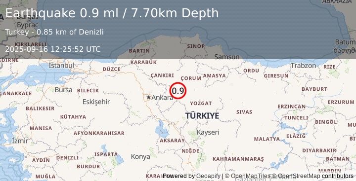 Earthquake CENTRAL TURKEY (0.9 ml) (2025-09-16 12:25:52 UTC)