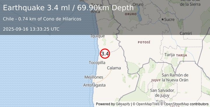Earthquake ANTOFAGASTA, CHILE (3.4 ml) (2025-09-16 13:33:25 UTC)