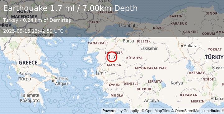 Earthquake WESTERN TURKEY (1.7 ml) (2025-09-16 13:42:59 UTC)