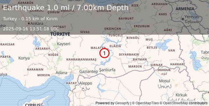 Earthquake EASTERN TURKEY (1.0 ml) (2025-09-16 13:51:18 UTC)