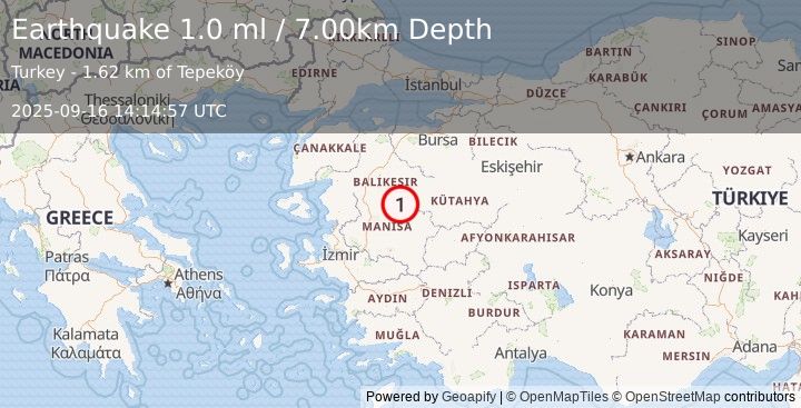 Earthquake WESTERN TURKEY (1.0 ml) (2025-09-16 14:14:57 UTC)