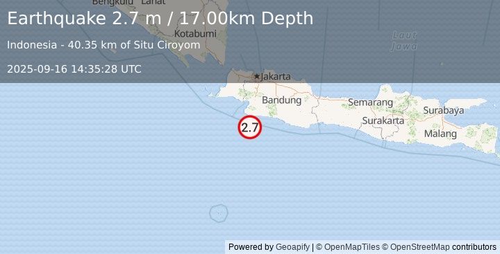 Earthquake JAVA, INDONESIA (2.7 m) (2025-09-16 14:35:28 UTC)