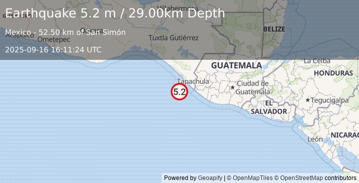 Earthquake OFFSHORE CHIAPAS, MEXICO (4.9 mw) (2025-09-16 16:11:25 UTC)