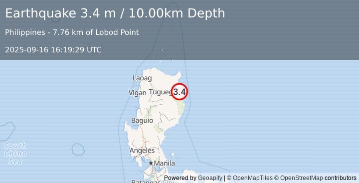 Earthquake LUZON, PHILIPPINES (3.4 m) (2025-09-16 16:19:29 UTC)