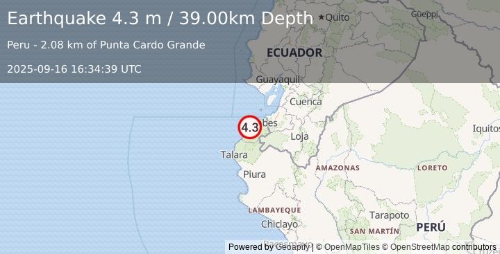 Earthquake PERU-ECUADOR BORDER REGION (4.3 m) (2025-09-16 16:34:39 UTC)