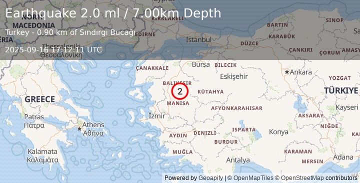 Earthquake WESTERN TURKEY (2.0 ml) (2025-09-16 17:12:35 UTC)