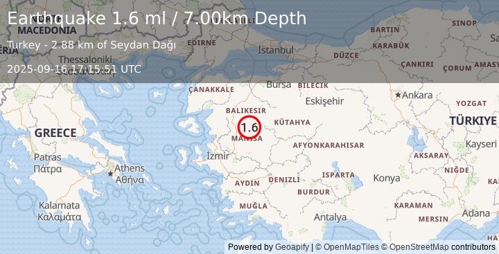 Earthquake WESTERN TURKEY (1.6 ml) (2025-09-16 17:15:51 UTC)