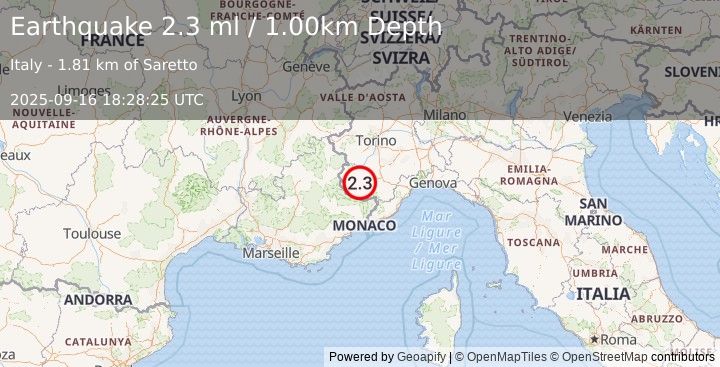 Earthquake NORTHERN ITALY (2.3 ml) (2025-09-16 18:28:24 UTC)