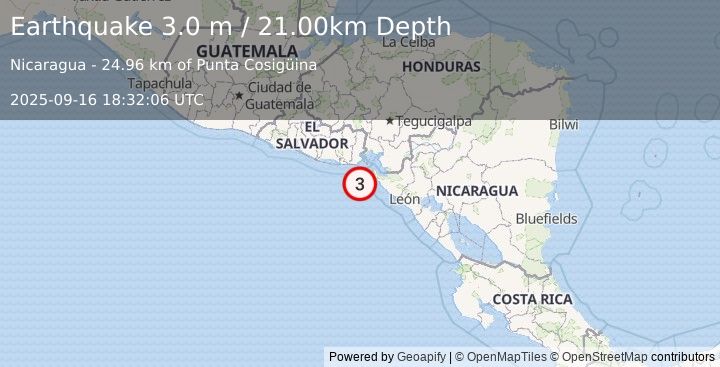 Earthquake NEAR COAST OF NICARAGUA (3.0 m) (2025-09-16 18:32:06 UTC)