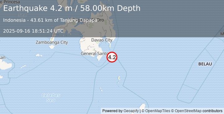 Earthquake MINDANAO, PHILIPPINES (4.2 m) (2025-09-16 18:51:24 UTC)