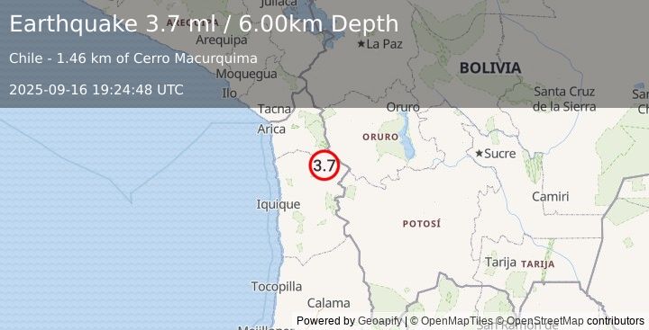 Earthquake TARAPACA, CHILE (3.7 ml) (2025-09-16 19:24:49 UTC)