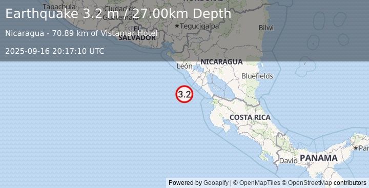 Earthquake NEAR COAST OF NICARAGUA (3.6 m) (2025-09-16 20:17:04 UTC)