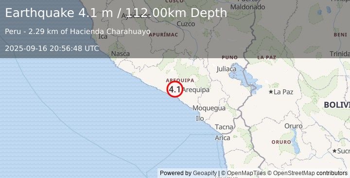 Earthquake NEAR COAST OF SOUTHERN PERU (4.1 m) (2025-09-16 20:56:48 UTC)