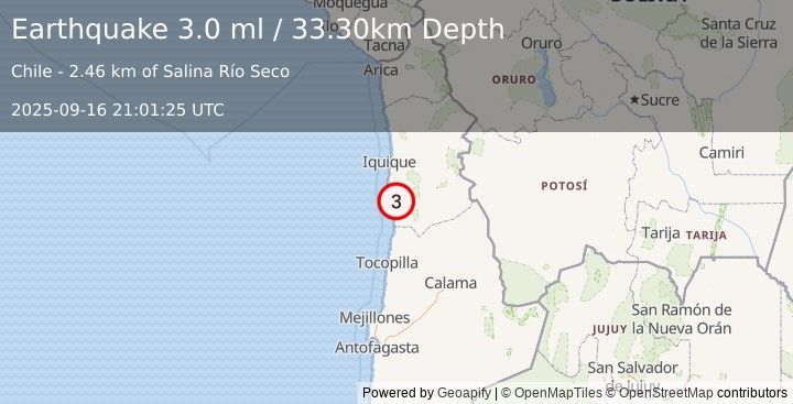 Earthquake TARAPACA, CHILE (3.0 ml) (2025-09-16 21:01:25 UTC)