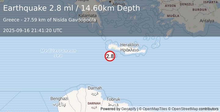 Earthquake CRETE, GREECE (2.8 ml) (2025-09-16 21:41:20 UTC)