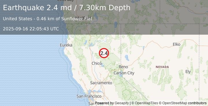 Earthquake NORTHERN CALIFORNIA (2.4 md) (2025-09-16 22:05:43 UTC)