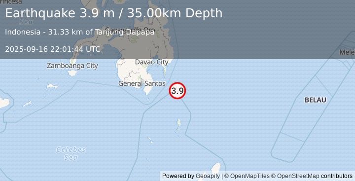 Earthquake MINDANAO, PHILIPPINES (3.9 m) (2025-09-16 22:01:44 UTC)