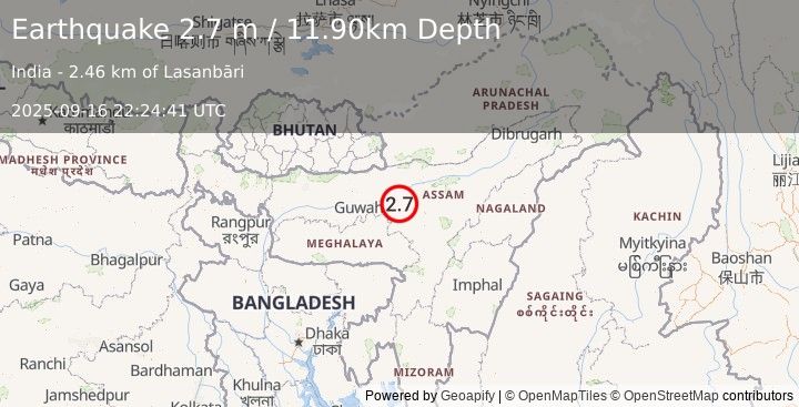 Earthquake ASSAM, INDIA (2.7 m) (2025-09-16 22:24:41 UTC)