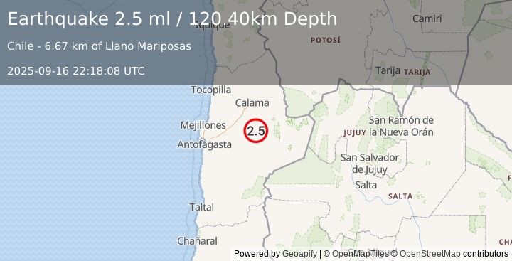 Earthquake ANTOFAGASTA, CHILE (2.5 ml) (2025-09-16 22:18:08 UTC)