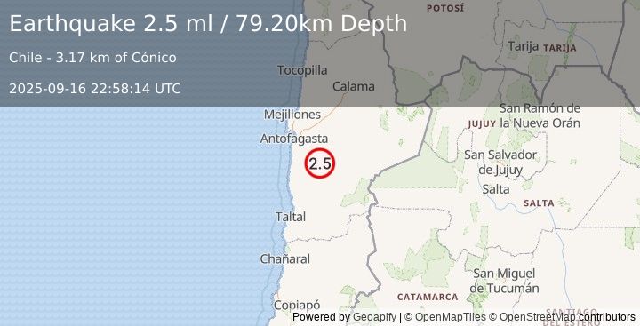 Earthquake ANTOFAGASTA, CHILE (2.5 ml) (2025-09-16 22:58:14 UTC)