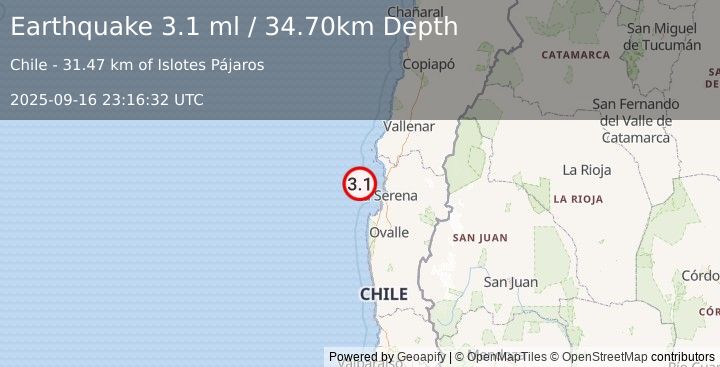 Earthquake OFFSHORE COQUIMBO, CHILE (3.1 ml) (2025-09-16 23:16:32 UTC)