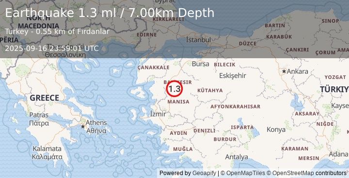 Earthquake WESTERN TURKEY (1.3 ml) (2025-09-16 23:59:01 UTC)