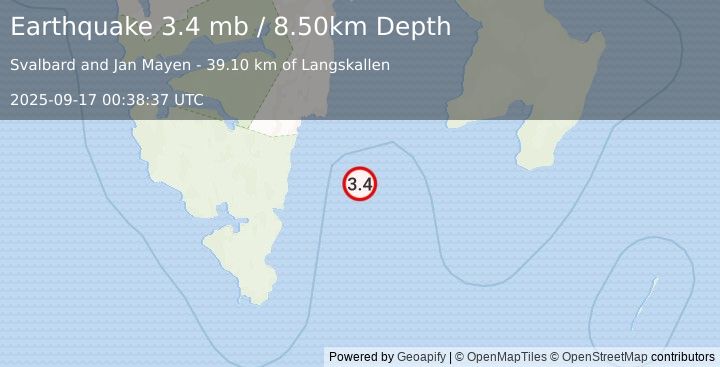 Earthquake SVALBARD REGION (3.4 mb) (2025-09-17 00:38:37 UTC)
