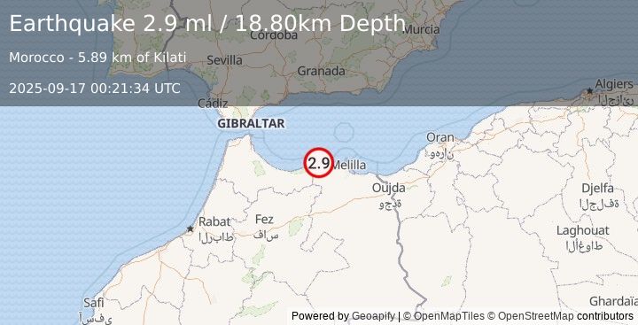 Earthquake STRAIT OF GIBRALTAR (2.9 ml) (2025-09-17 00:21:34 UTC)