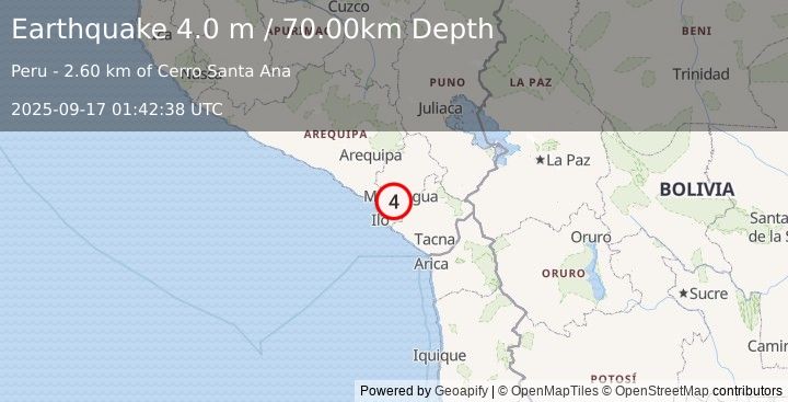 Earthquake NEAR COAST OF SOUTHERN PERU (4.0 m) (2025-09-17 01:42:38 UTC)