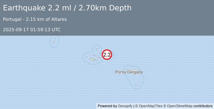 Earthquake AZORES ISLANDS, PORTUGAL (2.2 ml) (2025-09-17 01:59:13 UTC)