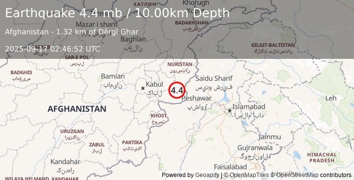Earthquake HINDU KUSH REGION, AFGHANISTAN (4.4 mb) (2025-09-17 02:46:52 UTC)