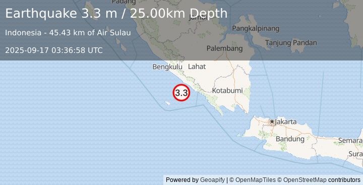 Earthquake SOUTHERN SUMATRA, INDONESIA (3.3 m) (2025-09-17 03:36:58 UTC)