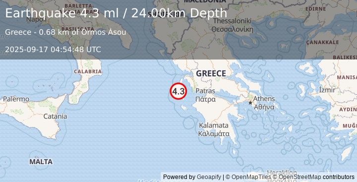 Earthquake GREECE (4.3 ml) (2025-09-17 04:54:48 UTC)