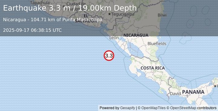 Earthquake NEAR COAST OF NICARAGUA (3.3 m) (2025-09-17 06:38:15 UTC)