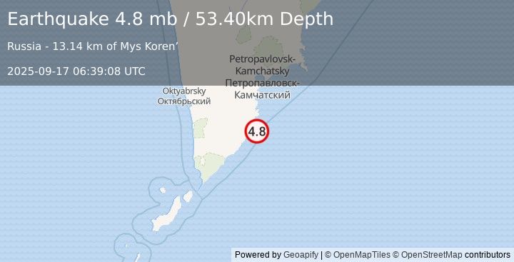 Earthquake NEAR EAST COAST OF KAMCHATKA (4.8 mb) (2025-09-17 06:39:08 UTC)