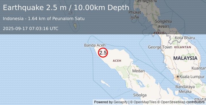 Earthquake NORTHERN SUMATRA, INDONESIA (2.5 m) (2025-09-17 07:03:16 UTC)