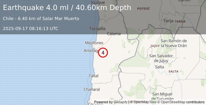 Earthquake ANTOFAGASTA, CHILE (3.9 ml) (2025-09-17 08:16:12 UTC)