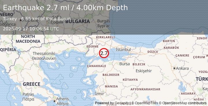 Earthquake WESTERN TURKEY (2.7 ml) (2025-09-17 10:06:54 UTC)