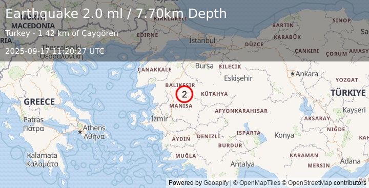 Earthquake WESTERN TURKEY (2.0 ml) (2025-09-17 11:20:27 UTC)